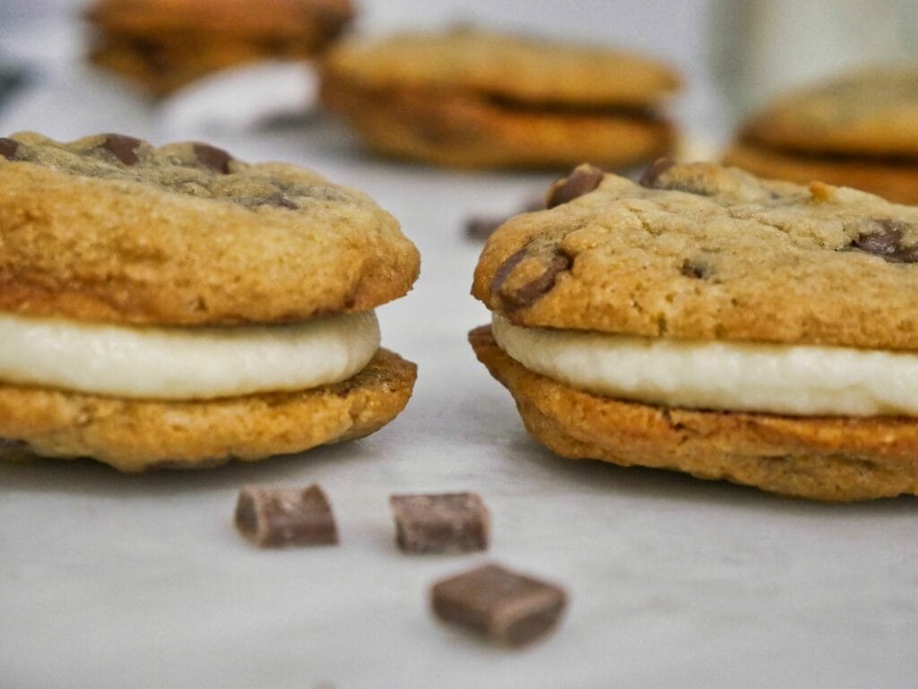 chocolate chip cookie sandwich recipe with vanilla frosting